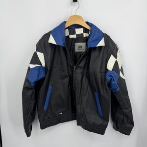 Burks Bay genuine leather bomber jacket black white blue checkered pattern sz L